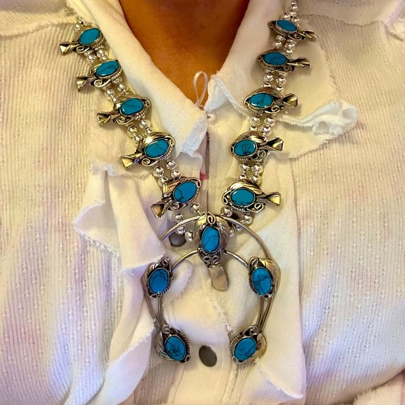 KINGMAN Turquoise Silver Squash Blossom Necklace by Native Jeweler GORGEOUS! ✨ - Picture 11 of 11